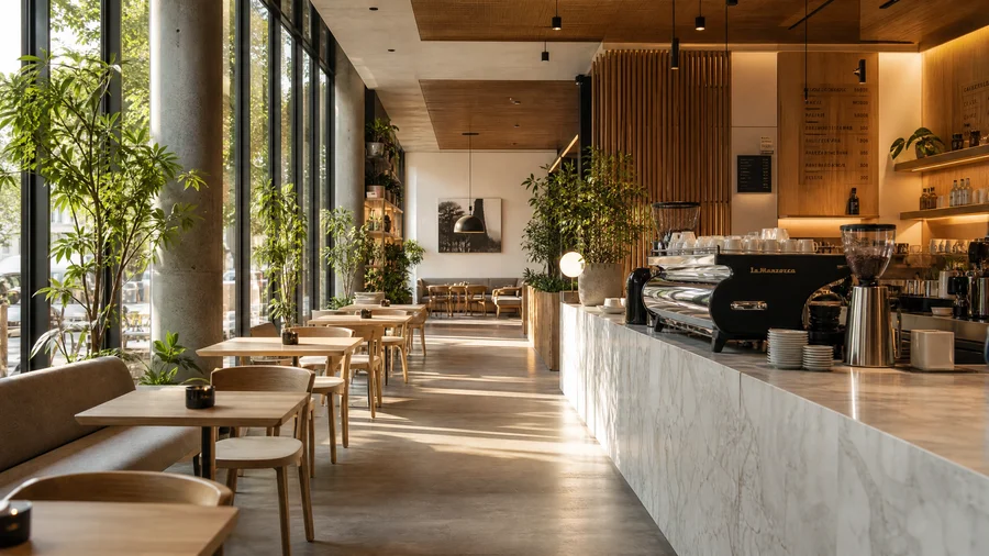 A warm, modern coffee shop
